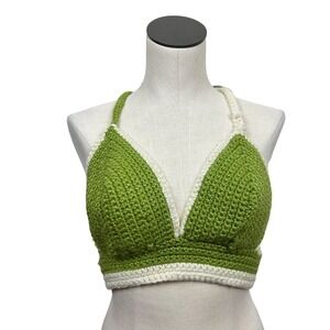 Handmade Green Cream Crochet Tie Back Bralette M